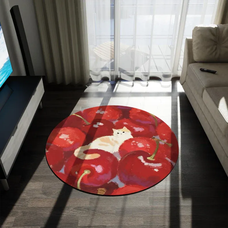 5' x 5' Chenille Cat and Cherries Cute Rug - FREE SHIPPING