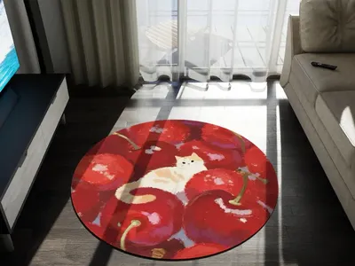 5' x 5' Chenille Cat and Cherries Cute Rug - FREE SHIPPING