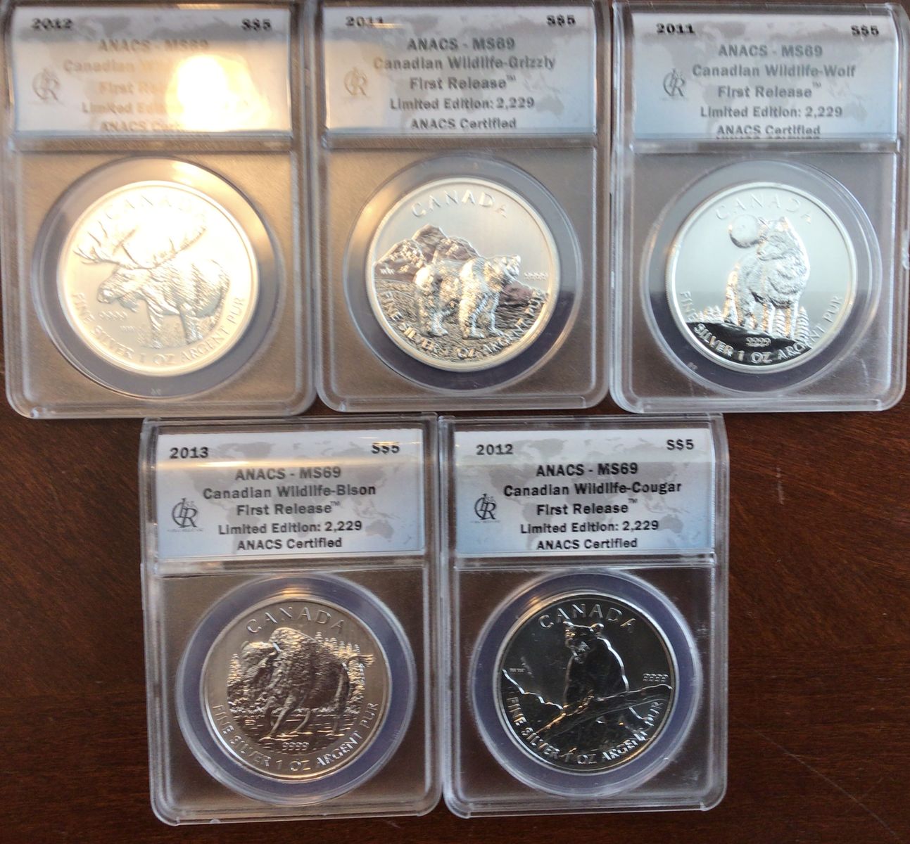 Canadian Wildlife 5-coin Silver Set ANACS certified MS69 Limited Edition 5oz