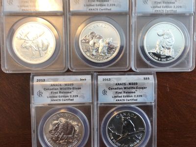 Canadian Wildlife 5-coin Silver Set ANACS certified MS69 Limited Edition 5oz