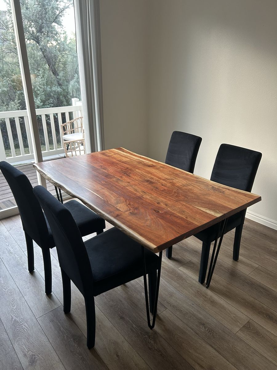 $528 obo! Wood Dining Table with Black Velvet Chairs - Seats 4
