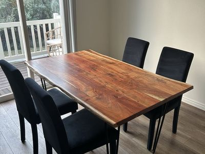 $528 obo! Wood Dining Table with Black Velvet Chairs - Seats 4