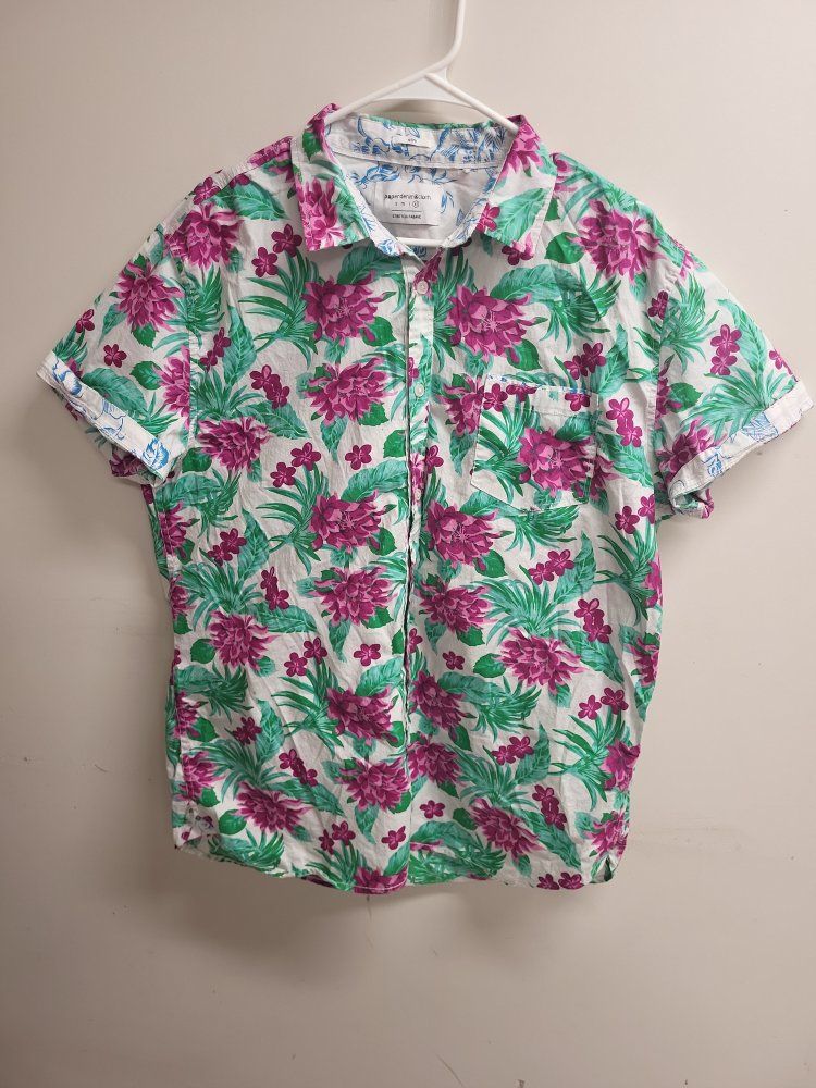 Men's White Floral Tropical Button-Up Shirt - XL Slim Fit Hawaiian Style