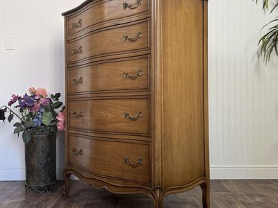 French Provincial Vintage Drexel Touraine 5-Drawer Serpentine Tallboy Dresser