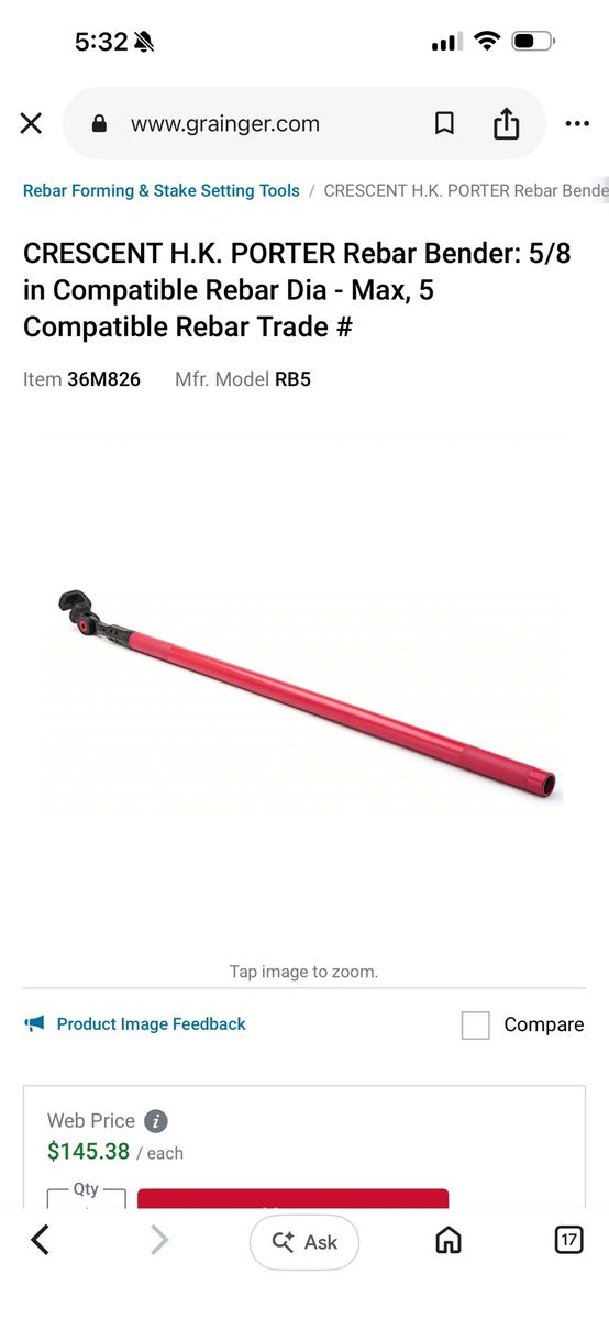 NEW Crescent H.K. Porter bender, rebar, 5/8" indexing 14 position