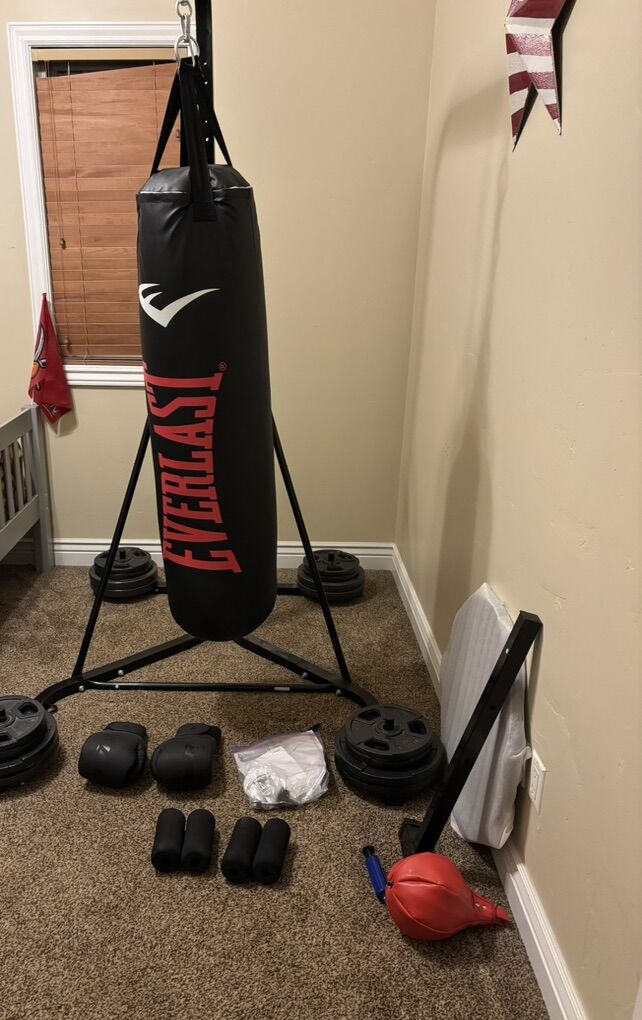 Like New Punching Bag, Stand, & Metal Weights
