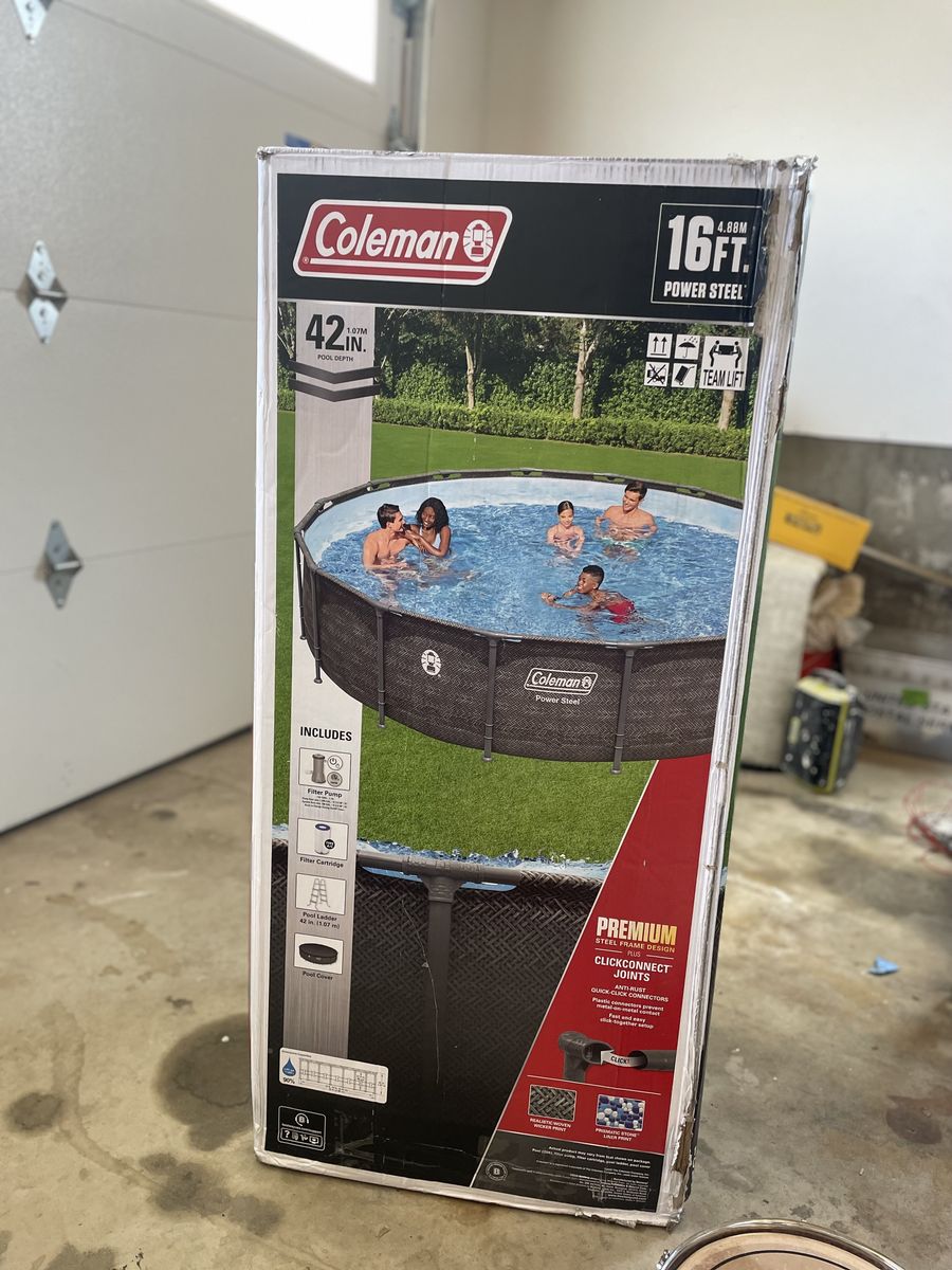 New still in the box Coleman 16ft x 42in Swimming Pool. Comes w/a pool cover, ladder,a pump & filter