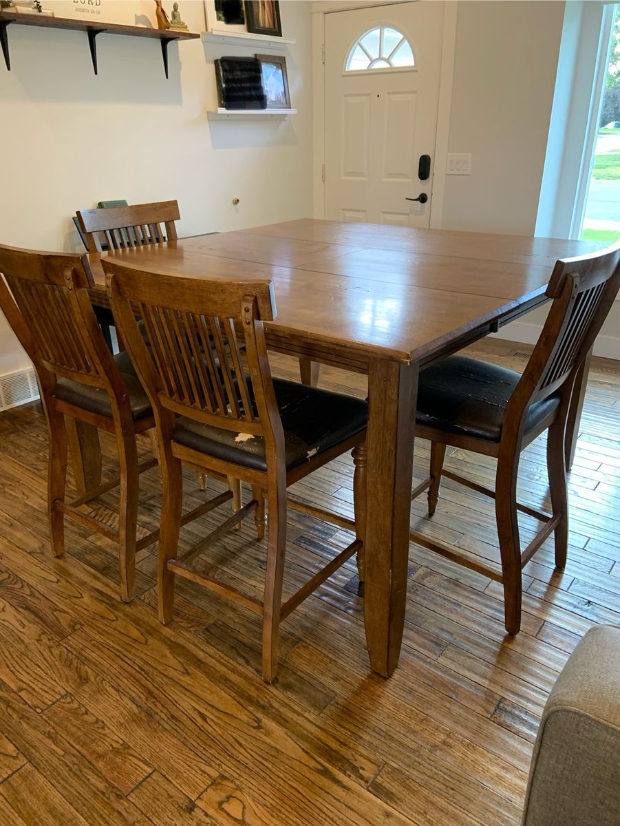 Solid Wood Dining Table with 8 Chairs - Counter Height, Extendable Leaves, Distressed Finish