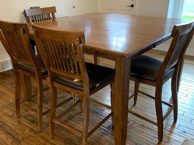 Solid Wood Dining Table with 8 Chairs - Counter Height, Extendable Leaves, Distressed Finish