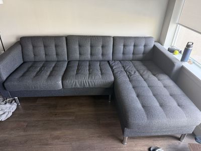 Dark Gray Tufted Sectional Sofa with Chaise Lounge - Used, Good Condition