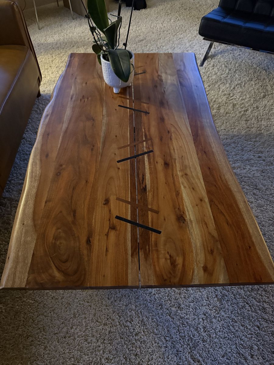 Live Edge Wooden Coffee Table with Metal Base and Inlay Details