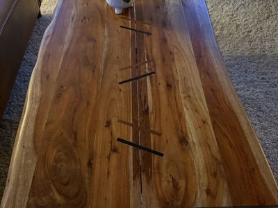 Live Edge Wooden Coffee Table with Metal Base and Inlay Details