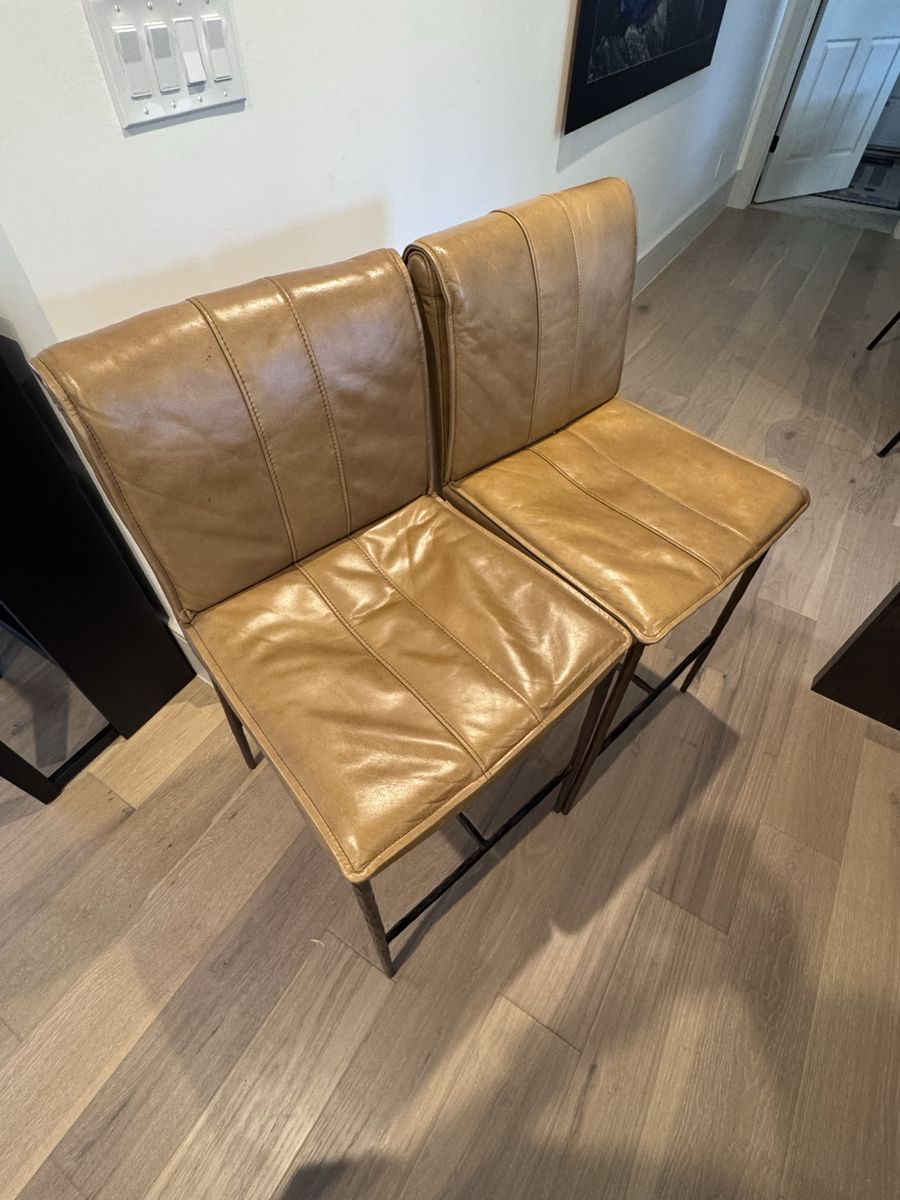 5 Light Brown Leather Bar Stools / Counter Height Chairs with Metal Frames