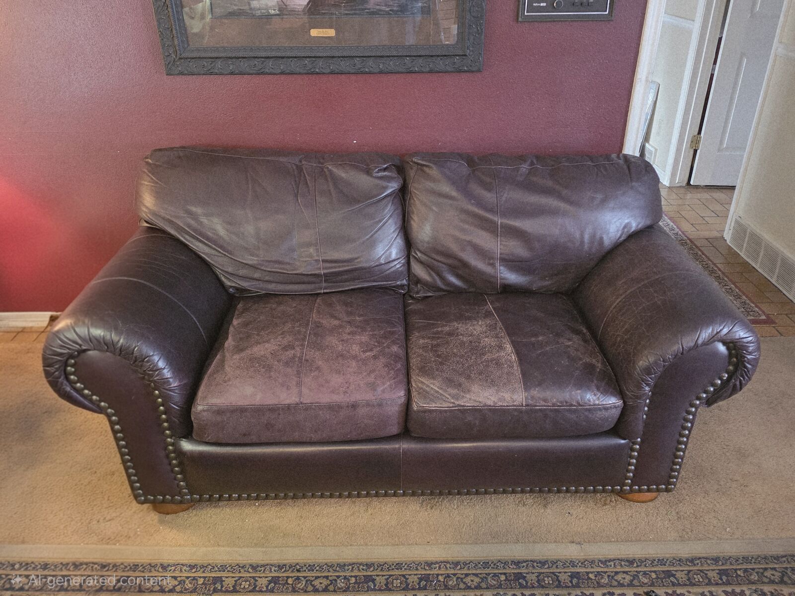 NICE LEATHER SOFA AND MATCHING LOVESEAT-OXBLOOD COLOR WITH NAILHEAD TRIM