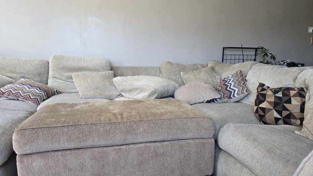Large Beige Fabric Sectional Sofa with Ottoman