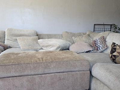 Large Beige Fabric Sectional Sofa with Ottoman