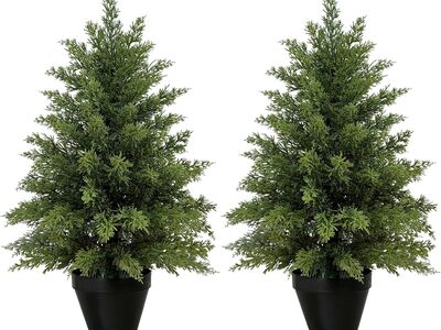 NEW 3ft Artificial Cedar Trees for Outdoors Planters Set of 2 Topiary Trees Artificial Outdoor Indoor Realistic Faux Cedar Tree