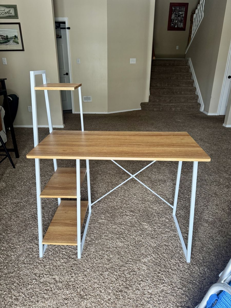 $75 OBO - Modern White Ladder Desk with Tiered Wooden Shelves - 46”H x 39.5”L x 19.5”W