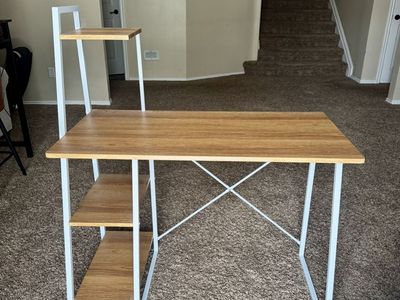 $75 OBO - Modern White Ladder Desk with Tiered Wooden Shelves - 46”H x 39.5”L x 19.5”W
