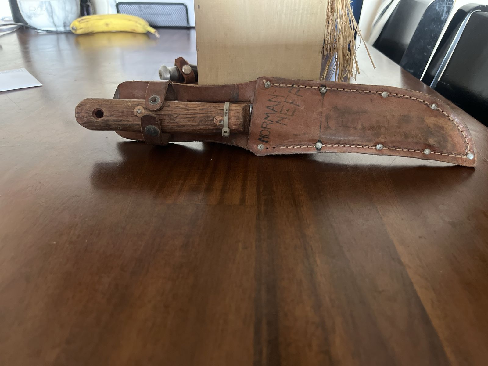 Vintage Fixed Blade Hunting Knife with Leather Sheath and Wooden Handle