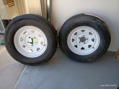 Pair of 15 in Vanguard STR Power King Trailer Wheels and Tires - White Spoke Steel Rims