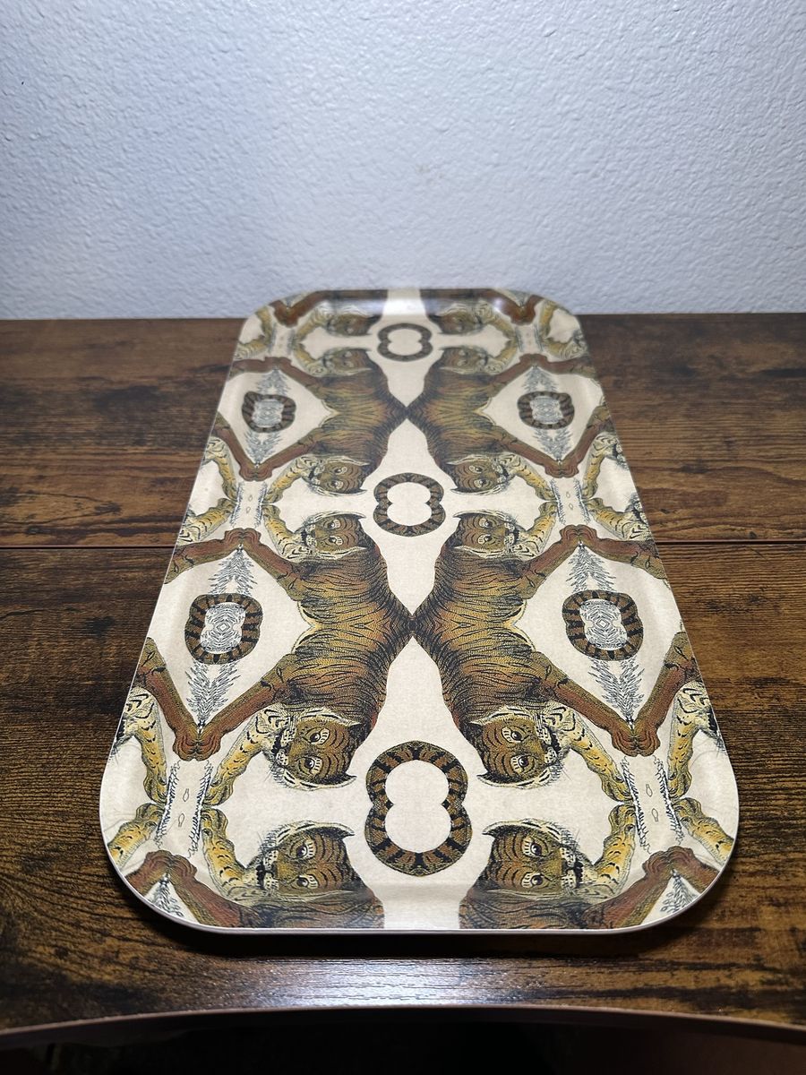 Vintage Chinoiserie Bamboo Tiger Rectangle Serving Tray - Eclectic Decor Piece