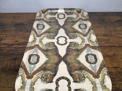 Vintage Chinoiserie Bamboo Tiger Rectangle Serving Tray - Eclectic Decor Piece