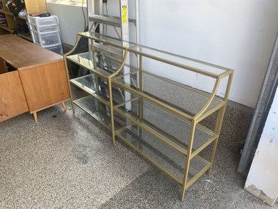 Gold Brass & Glass Display Shelf - Console Table, 3 Tiers, Modern Design