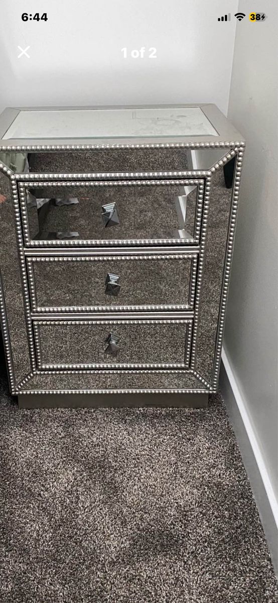 Set is 2 Mirrored 3-Drawer Nightstand with Beaded Trim and Crystal Knobs
