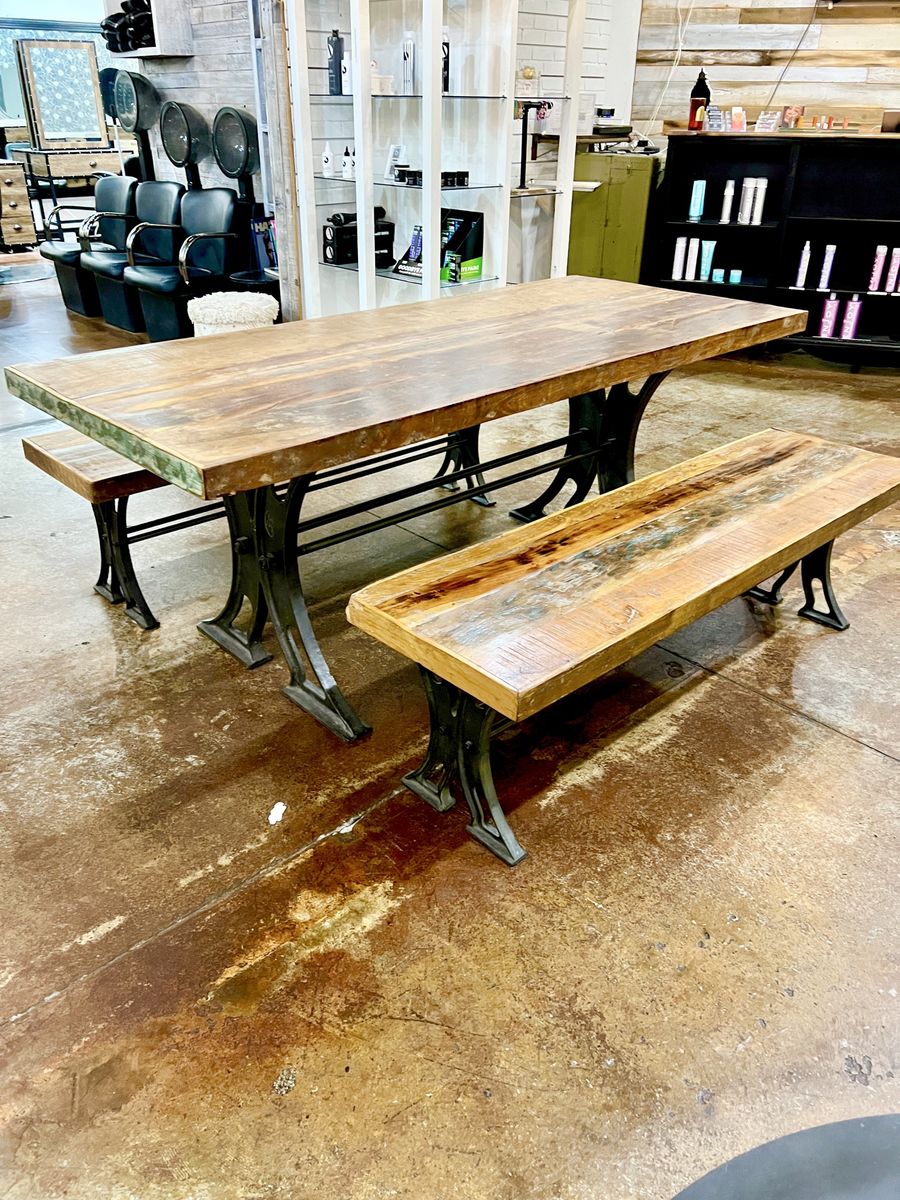 Designer reclaimed wood dining table with benches