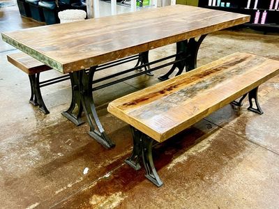 Designer reclaimed wood dining table with benches