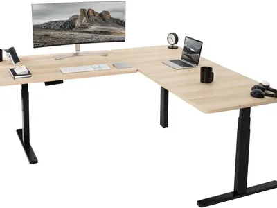 VIVO Electric 77" x 71" x 30" Corner Stand Up Desk, Light Wood Table Tops, Black Frame