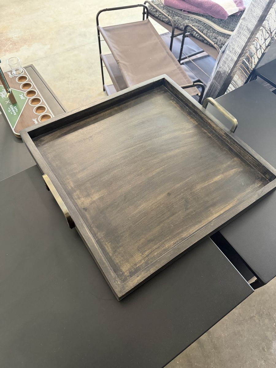 Wood tray with metal handles