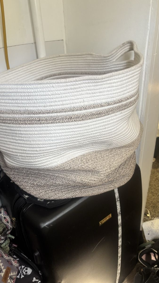 Large Woven Rope Storage Basket - White & Beige Ombre Laundry Hamper/Toy Bin with Handles