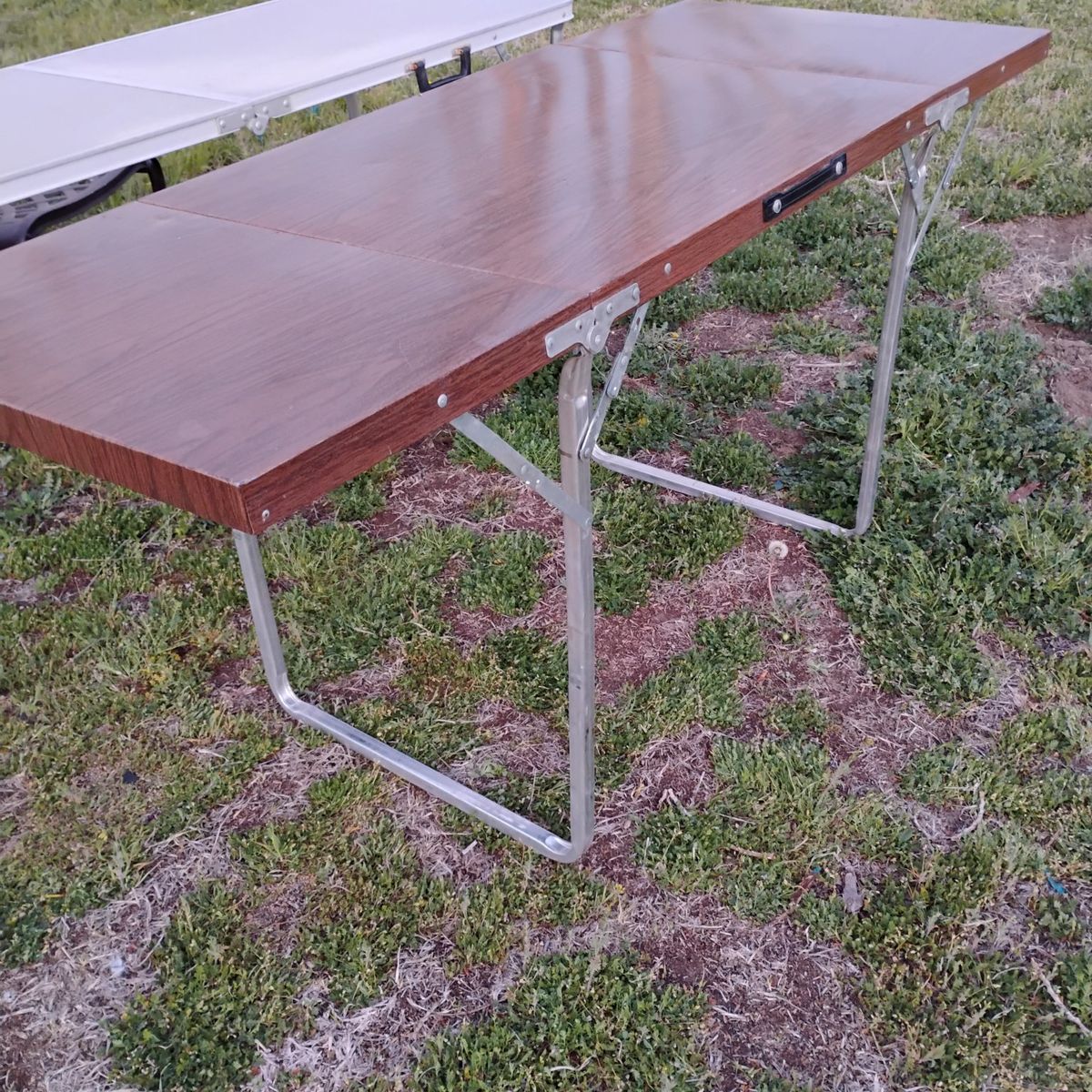 Vintage All Aluminum Camping Table MCM Woodgrain