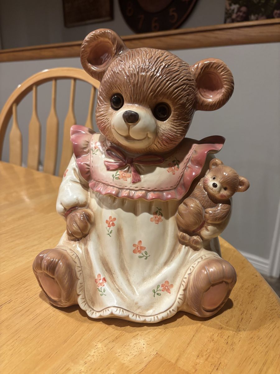 Vintage Ceramic Teddy Bear Cookie Jar with Cub from the 1980s