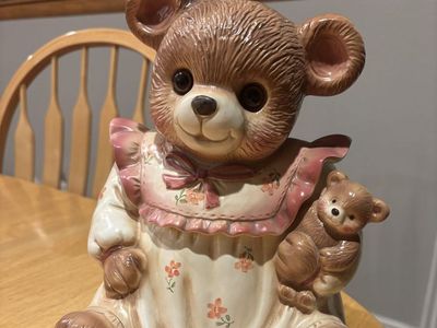 Vintage Ceramic Teddy Bear Cookie Jar with Cub from the 1980s