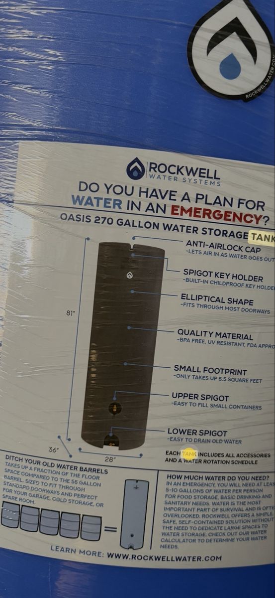 NEW Rockwell Oasis Water Storage Tank – 270 Gallons $550