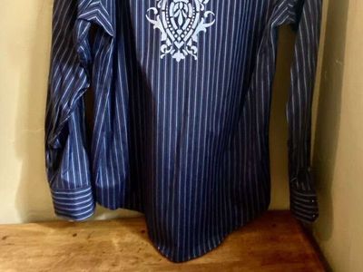 NEW! Mens LevelTen Mens Long Sleeve Dress Shirt - Blue and Black Stripe - SZ XL - C PICS