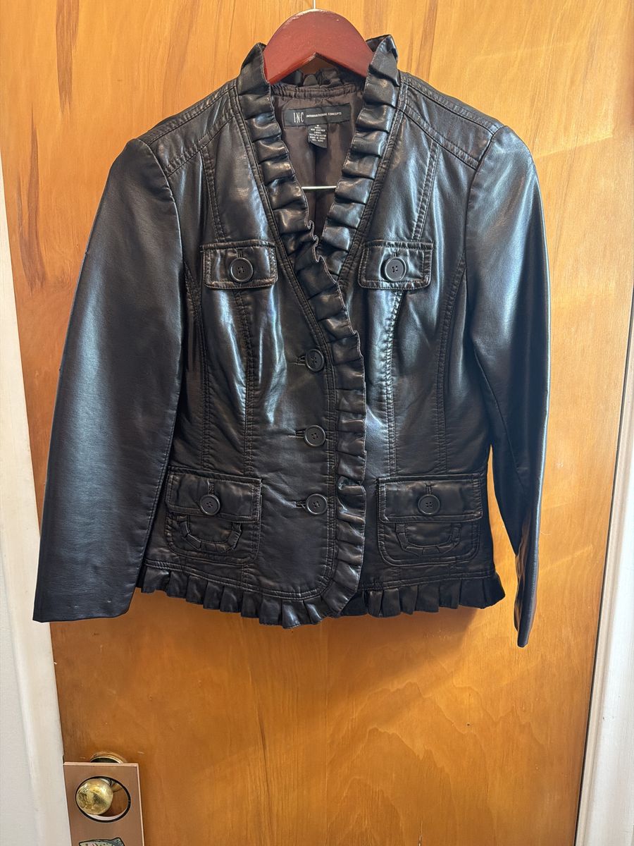 INC International Concepts Black Leather Ruffle Trim Jacket Women's Size Small