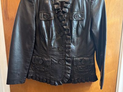 INC International Concepts Black Leather Ruffle Trim Jacket Women's Size Small