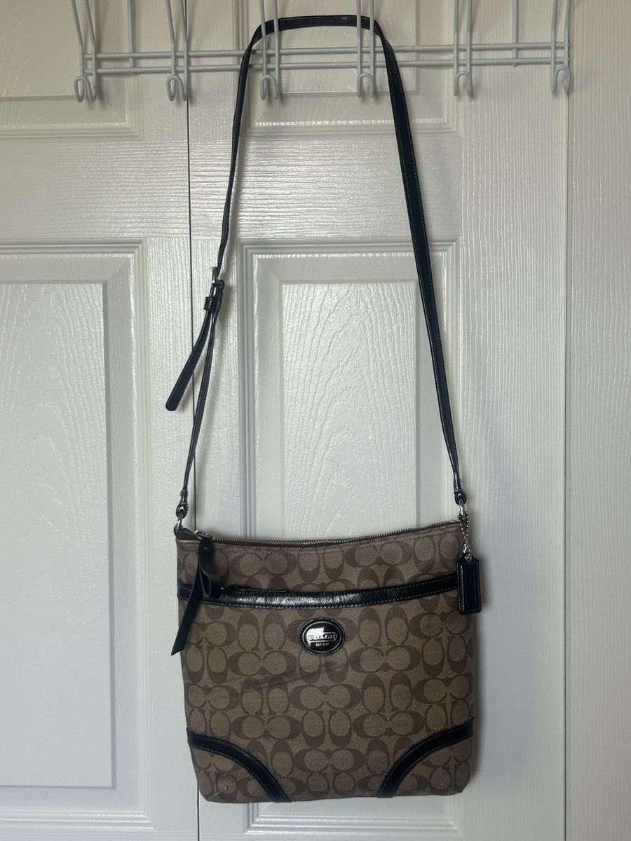 Coach Signature C Canvas Crossbody Bag Brown Black Trim
