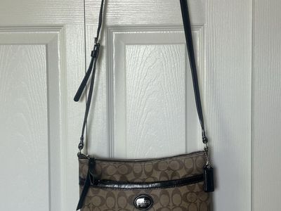 Coach Signature C Canvas Crossbody Bag Brown Black Trim