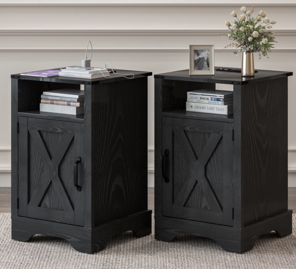 NEW Mayincolor Wooden Farmhouse Nightstand Set of 2 with Charging Station, Rustic End Table with Storage, Black