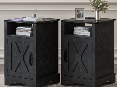 NEW Mayincolor Wooden Farmhouse Nightstand Set of 2 with Charging Station, Rustic End Table with Storage, Black