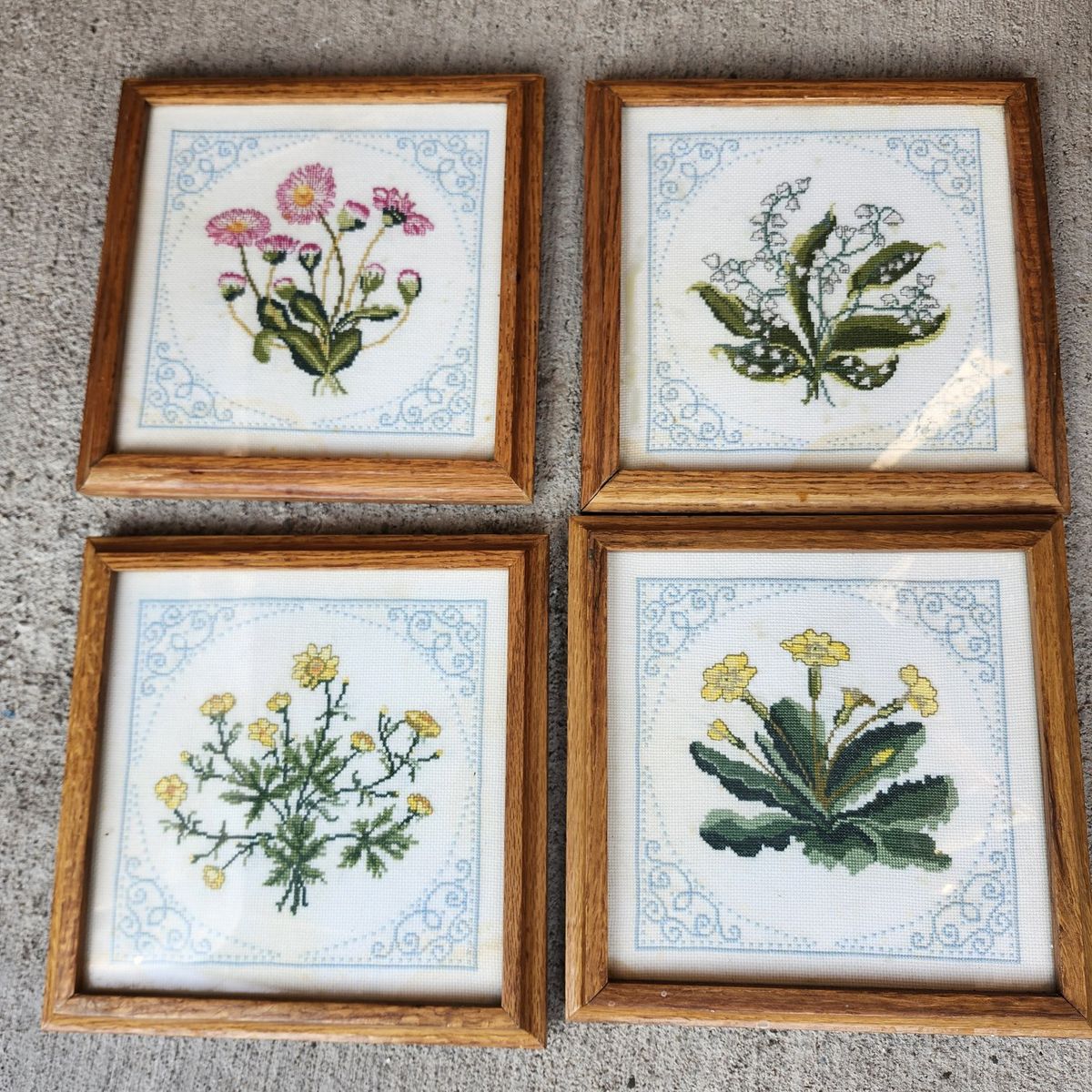 Four 9"x9" Framed Vintage Embroidered Flowers GrandmaCore CottageCore