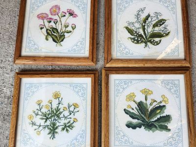 Four 9"x9" Framed Vintage Embroidered Flowers GrandmaCore CottageCore
