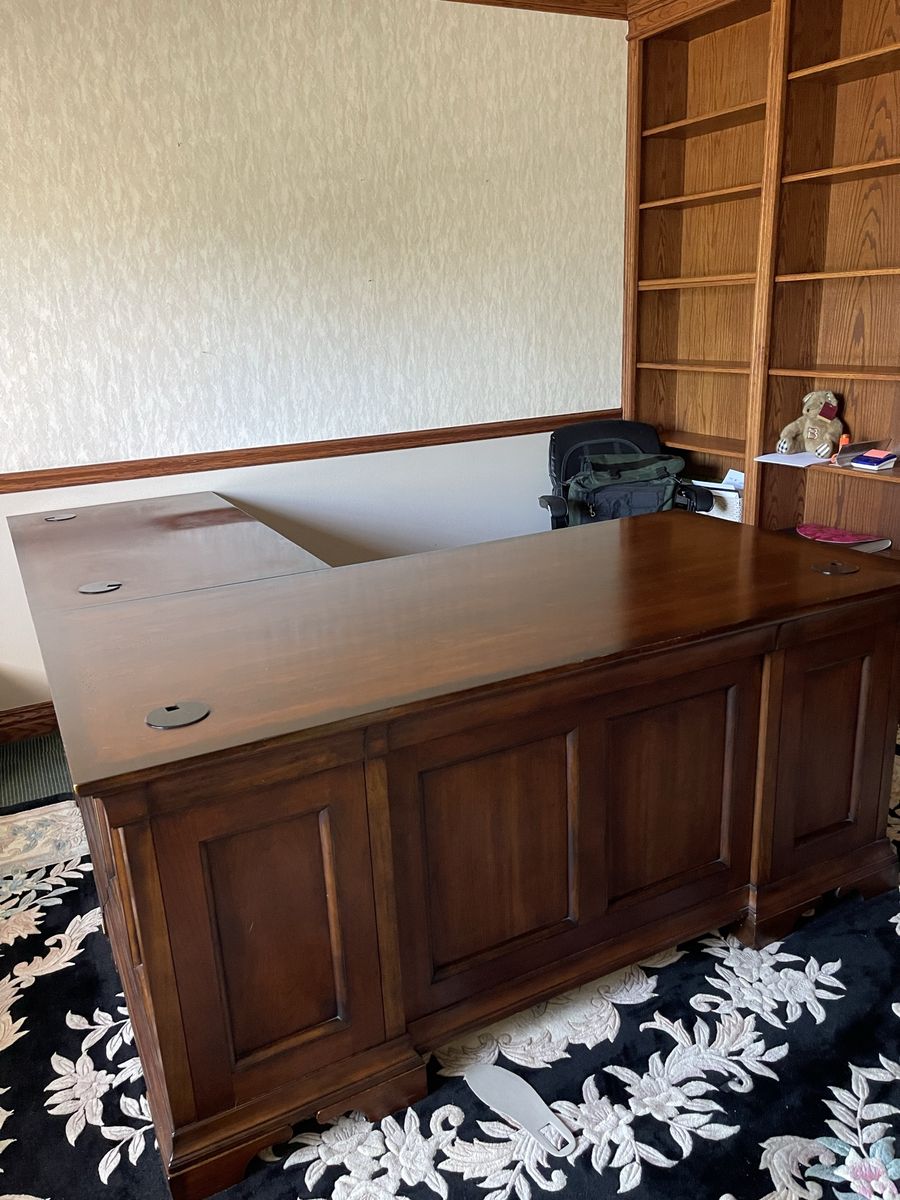 Large Wooden L-Shaped Executive Desk with Storage Drawers