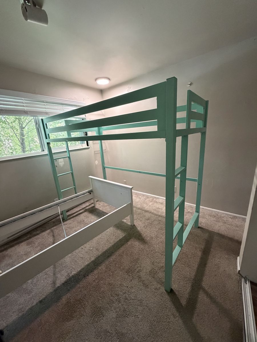 Sturdy Twin Loft Bed with Desk Space - Light Green Mint/ Teal  - Great for Small Rooms