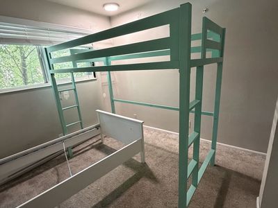 Sturdy Twin Loft Bed with Desk Space - Light Green Mint/ Teal - Great for Small Rooms